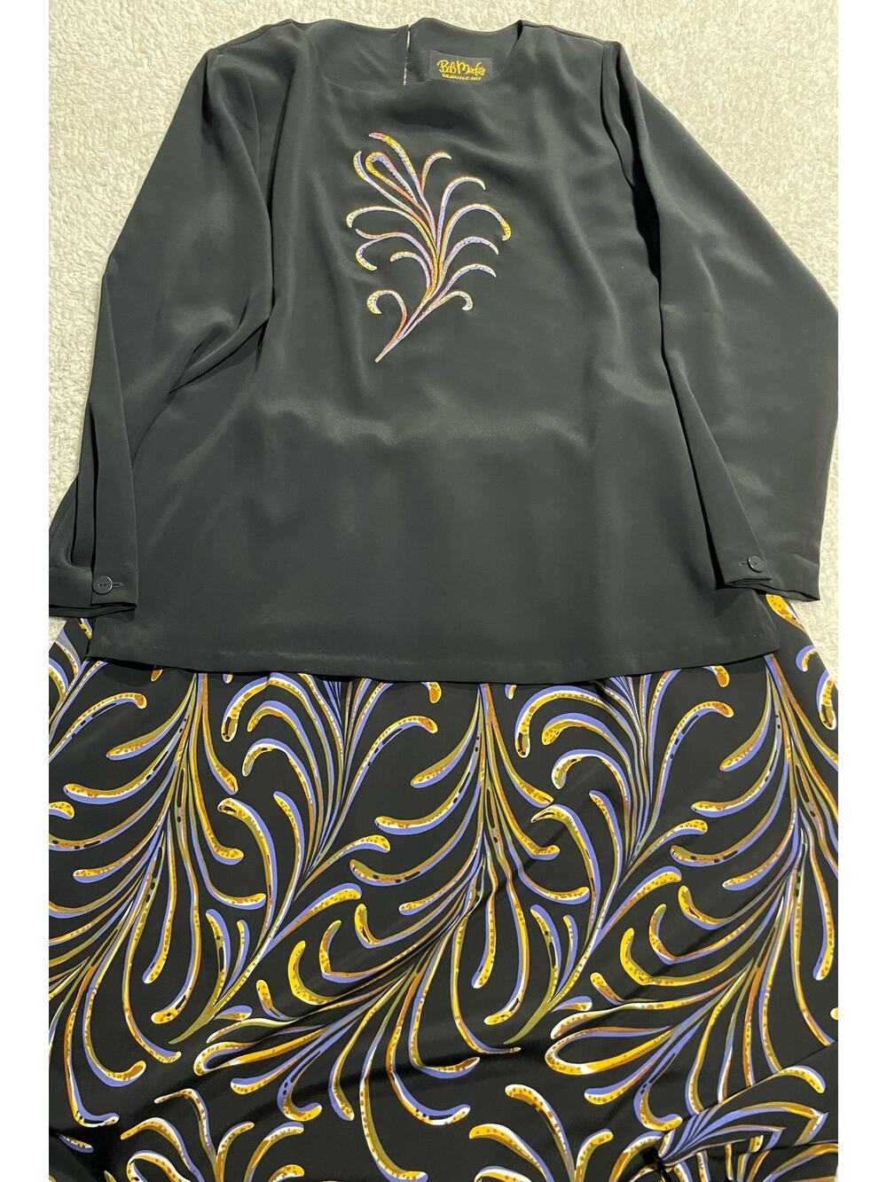 Bob Mackie Women's M Long Sleeve Top Printed Pull On Skirt 2 Pc Set Outfit Black